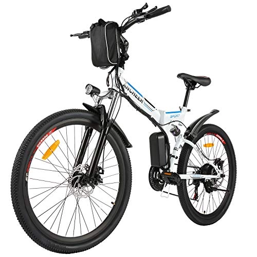 Bici elettriches : BIKFUN 26” Bicicletta Elettrica Pieghevole, 250W Bici Elettriche, Batteria 36V 8Ah, Cambio Shimano 21 velocità, E-Bike para Adultos (26" Avventura-Bianco)