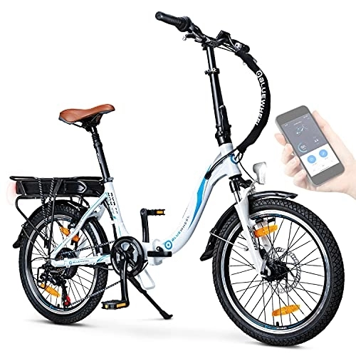 Bici elettriches : BLUEWHEEL 20" e-bike pieghevole | Marchio tedesco di qualità | 7 cambi| Bicicletta conforme all'UE con app + motore 250 W + batteria rimovibile | Bici elettrica 25 km / h fino a 150 km | BXB55 (White)