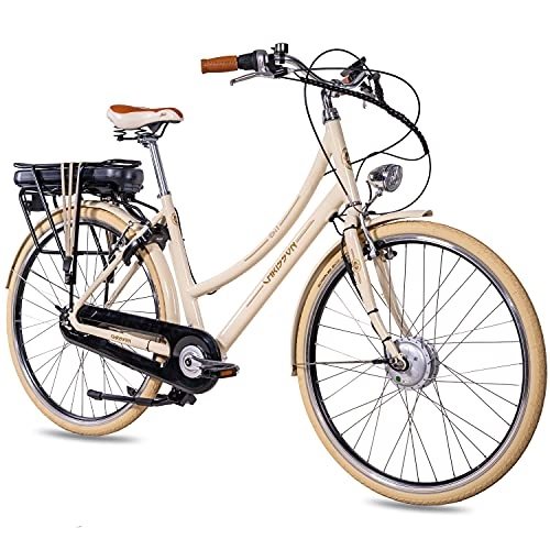 Bici elettriches : CHRISSON Bicicletta elettrica da donna, 28 pollici, EH1 beige con cambio Shimano Nexus a 7 marce, con motore Ananda anteriore da 250 W, 36 V, 40 Nm, stile retrò