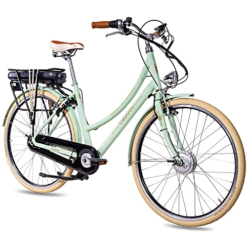 Bici elettriches : CHRISSON Bicicletta elettrica da donna, 28 pollici, EH1 verde menta con cambio Shimano Nexus a 7 marce, con motore Ananda anteriore da 250 W, 36 V, 40 Nm, stile retrò