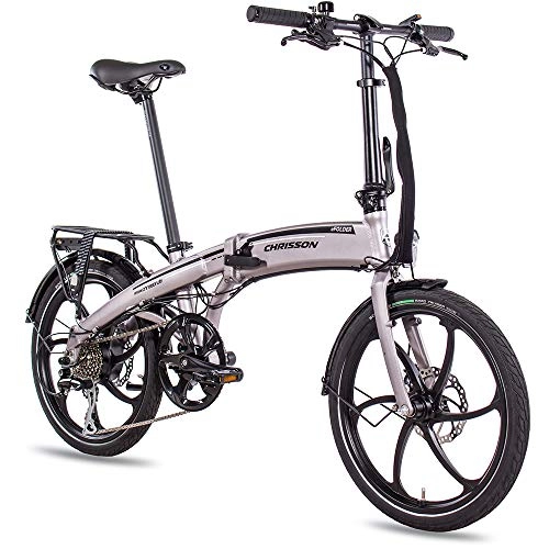 Bici elettriches : CHRISSON Bicicletta elettrica pieghevole eFolder da 20 pollici, grigio chiaro, bicicletta elettrica pieghevole con motore a mozzo AIKEMA 250 W, 36 V, 30 Nm, bicicletta pieghevole per uomo e donna