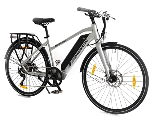 Bici elettriches : CHRISSON eTREKKING ESARGOS Lady - Bicicletta elettrica da 28 pollici, con cambio Shimano 9 G, 14 Ah, Samsung Silver grigio opaco