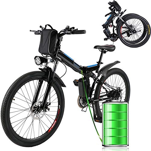 Bici elettriches : E-Bike Bici Pieghevole Mountain Bike Bici Elettrica con Cambio Shimano 21 velocità, 250W, 8AH, Batteria agli ioni di Litio 36V, 26", Bici City Bike (Nero)