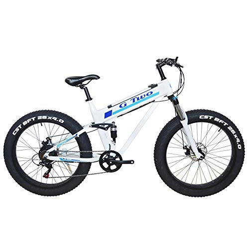 Bici elettriches : GD30Z 26"*4.0 Mountain Bike Elettrico Fat Tire, Motore 350W / 500W, 7 velocità Snow Bike, Sospensione Anteriore e Posteriore (White, 500W 14Ah + 1 Spare Battrey)