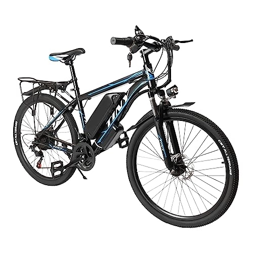 Bici elettriches : GMSLuu E-Bike 26 pollici, E-Mountain Bike 250 W, motore 25 km / h e bicicletta elettrica a 21 marce, resistenza 20 – 30 km da uomo e da donna, blu