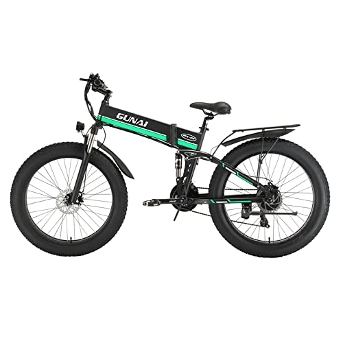 Bici elettriches : GUNAI Bici elettrica 26 Pollici Pieghevole Fat Tire Snow Bike 21 velocità Mountain E-Bike con Sedile Posteriore （Verde）