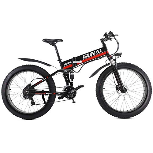 Bici elettriches : GUNAI Mountain Bike Elettrica, Bici elettrica 1000W 48V 12.8Ah Bici Montagna E-Bike 21 velocità 26' Full Suspension Pedali Assist(Rosso)