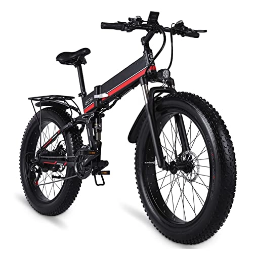 Bici elettriches : HMEI Bici elettriche Pieghevoli da 1000W per Adulti Uomini 26 Pollici Fat Tire Mountain Bike elettriche 25 mph Bicicletta elettrica E Bikes (Colore : Rosso)