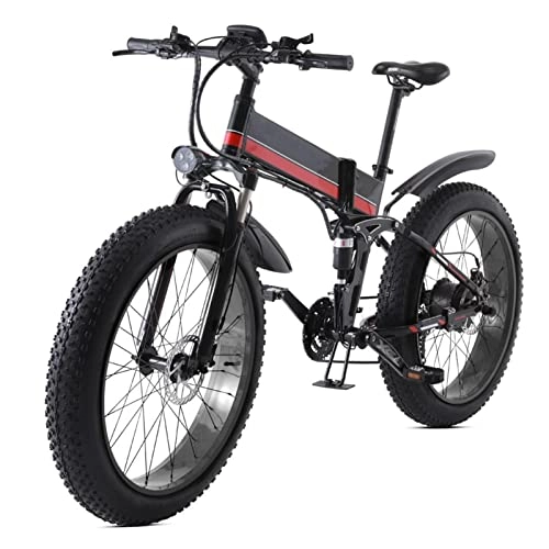 Bici elettriches : HMEI Bicicletta elettrica Pieghevole per Adulti 26 Pollici Fat Tire Bicicletta elettrica 1000W 48V 12.8Ah Bicicletta elettrica da Montagna 21 velocità Ebike (Colore : Rosso)