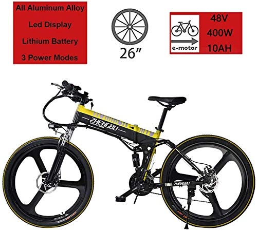 Bici elettriches : HSART 26" Mountain Bike Elettrica Bicicletta Pieghevole da 400W con Batteria Ioni di Litio 48V 10Ah, Bici Elettriche 27 velocità per Pendolari / Fuoristrada, Giallo