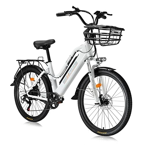 Bici elettriches : Hyuhome Bicicletta elettrica da 26'' per adulti, mountain bike da uomo, bicicletta ibrida elettrica per tutti i terreni, batteria al litio rimovibile da 36 V per bici da strada (bianco-02, 36 V 10 A)