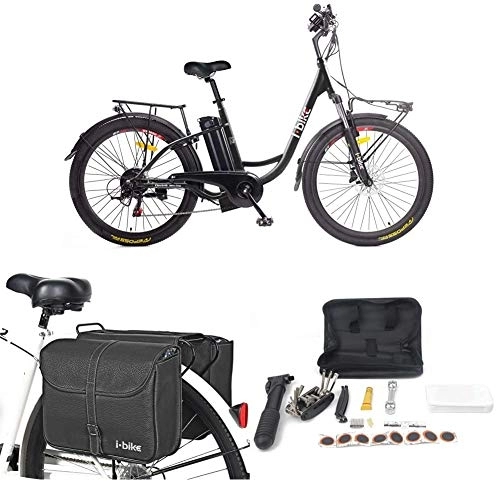 Bici elettriches : i-Bike City Easy S ITA99, Bicicletta elettrica a pedalata assistita Unisex Adulto, Nero, 46 cm + Borse da Trasporto + Kit Riparazione + Supporto Universale per Smartphone