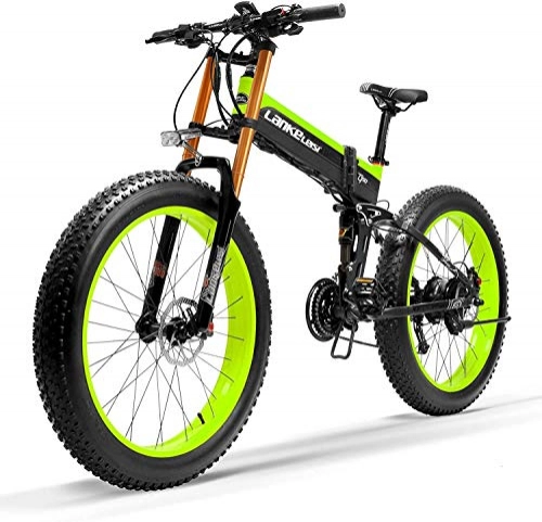 Bici elettriches : Inoltre 27 Velocità 1000W pieghevole bici elettrica 26 * 4.0 Fat Bike 5 PAS freno a disco idraulico 48V 10Ah rimovibile batteria al litio di ricarica (Nero Verde aggiornato, 1000W + 1 di ricambio batt