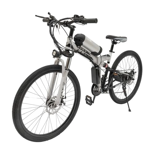 Bici elettriches : JINPRDAMZ Bicicletta elettrica pieghevole da 26 pollici, 21 marce, E-Mountain bike bianca, con motore da 250 W fino a 25 km / h, display screen e faro LED, tre modalità di guida, bici elettrica per uomo