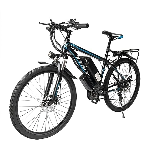Bici elettriches : JINPRDAMZ E-bike da 26 pollici, blu e nero, E-Mountain Bike con motore da 250 W fino a 25 km / h, 21 marce, display LCD e luce LED, tre modalità di guida, bici elettrica per uomo e donna.