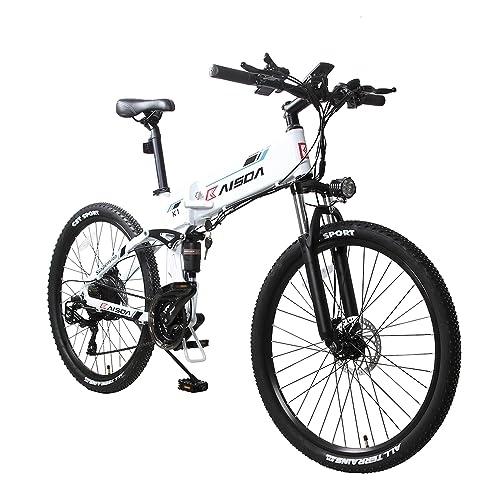 Bici elettriches : KAISDA Bicicletta Elettrica Pieghevole K1 Mountain Bike Elettrica da 26 Pollici, Batteria Rimovibile 48V10.4AH, Shimano 21 Velocità, Display LCD, Bianco