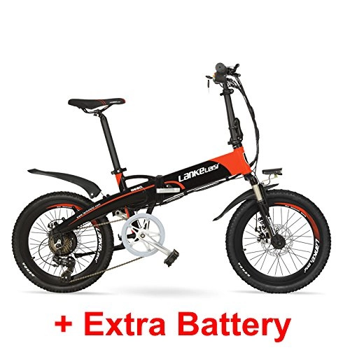 Bici elettriches : LANKELEISI 48V 10Ah Hidden Battery 20"Pieghevole Mountain Bike elettrica, Motore da 240 W, Telaio in Lega di Alluminio, Forcella Ammortizzata (Black Red Plus Extra Battery)
