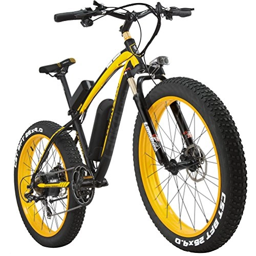 Bici elettriches : LANKELEISI 66cm All-Terrain fat bici elettrica potente motore da 500W 48V10AH Ebike Shimano 7velocit Snow mountain MTB bicicletta elettrica pieghevole, Black-Yellow