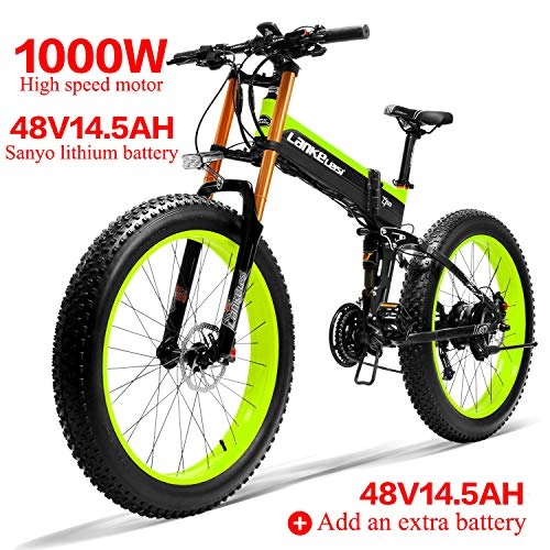Bici elettriches : LANKELEISI 750PLUS 48V14.5AH 1000W - Bicicletta elettrica potente, 26 pollici, 4, 0 grande pneumatico Ebike 27 velocità, bicicletta elettrica pieghevole per adulti / uomini (verde + 1 batteria extra)