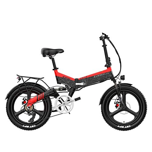 Bici elettriches : LANKELEISI G650 Bicicletta elettrica Pieghevole a 20 Pollici 400W 48V14.5Ah Batteria 5 Pedali di Livello Assist Sospensioni Anteriori e Posteriori (Nero Rosso, 14.5Ah + 1 Batteria di Ricambio)