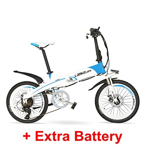 Bici elettriches : LANKELEISI G660 48V10Ah Batteria Nascosta ad Alta Potenza da 20"Bicicletta da Montagna elettrica Pieghevole, Telaio in Lega di Alluminio, Forcella Ammortizzata (White Blue 10Ah + 1 Spare Battery)