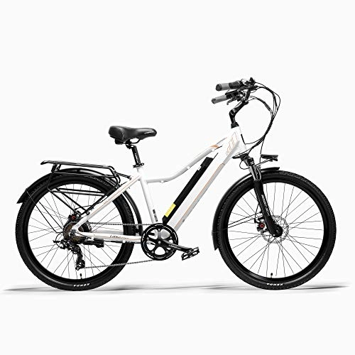Bici elettriches : LANKELEISI Pard3.0 26" Bicicletta elettrica, Bici da Città da 300W, Forcella Ammortizzata a Molla a Olio, Bicicletta di Assistenza al Pedale, Lunga Durata (White, 15Ah)