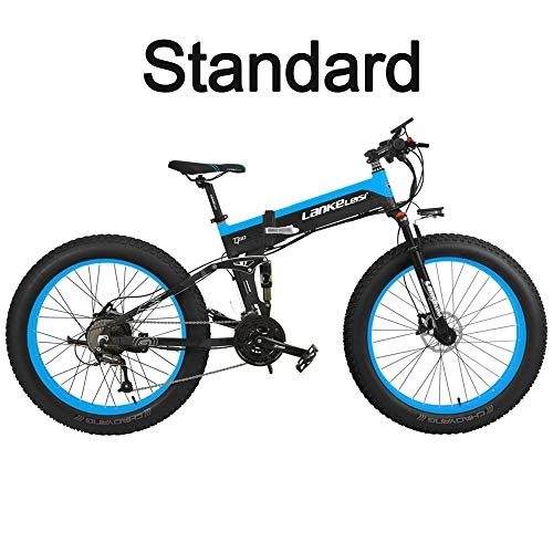 Bici elettriches : LANKELEISI T750Plus 27 Speed 26 * 4.0 Fat Bike, Bici elettrica Pieghevole Pieghevole 500W 48V 10Ah, Batteria al Litio Nascosta, Bicicletta da Neve a Sospensione Completa (Nero Blu, 500W Standard)