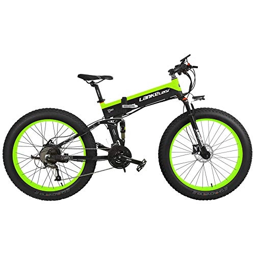 Bici elettriches : LANKELEISI T750Plus 27 Speed 26 * 4.0 Fat Bike, bicielettric a Pieghevole 1000W 48V 10Ah Batteria al Litio Nascosta, Bicicletta da Neve a Sospensione Completa (Black Green Standard, 1000W)