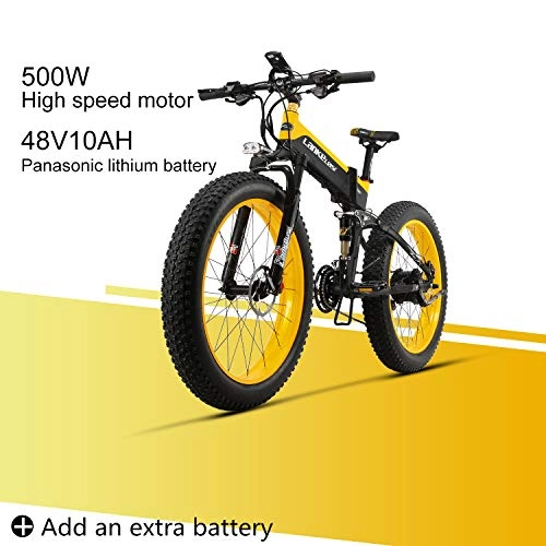 Bici elettriches : LANKELEISI XT 750 Plus 48V 10AH 500W Motore Nuovo Bici elettrica 26 '' 4.0 all'Ingrosso Tiro Ebike 27 velocità Neve MTB Pieghevole Bici elettrica (Giallo + 1 Batteria supplementare)