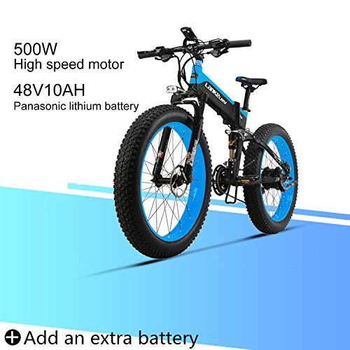 Bici elettriches : LANKELEISI XT 750 Plus 48V10AH 500W Motore Nuovo Bici elettrica 26 '' 4.0 all'Ingrosso Tiro Ebike 27 velocità Neve MTB Pieghevole Bici elettrica (Blu+1 Batteria supplementare)