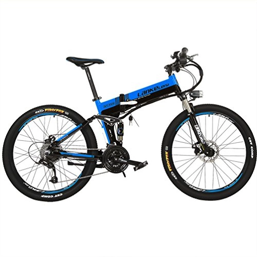 Bici elettriches : LANKELEISI XT75066cm pieghevole Ebike 48V Full Suspension 7speed litio e-bike mountainBicicletta elettrica motore 240Watt, Black-blue