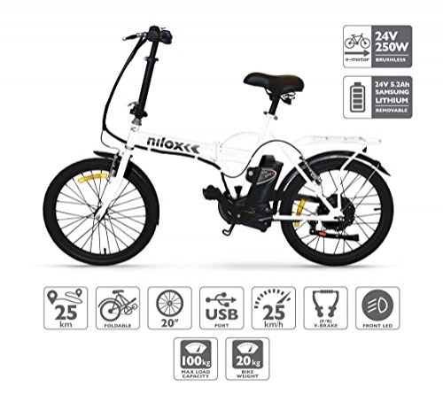 Bici elettriches : Nilox Doc X1, Bicicletta Elettrica, E-bike, Bicicletta Pieghevole con Pedalata Assistita, Ruota 20'', Motore 250 W, Velocità max 25 km / h, Bianco