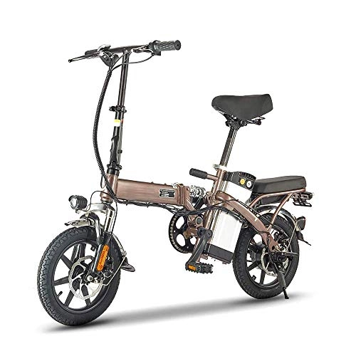 Bici elettriches : NXXML Mini Bicicletta elettrica Pieghevole da 14 Pollici, Veicoli elettrici da Viaggio per Uomo e Donna in Acciaio al Carbonio 48V 250W, Marrone