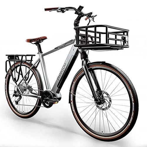 Bici elettriches : Phantom City + Basket, bicicletta elettrica da 28", batteria al litio LG da 13 Ah, motore centrale, bicicletta elettrica elettrica da 36 V, 470 Wh
