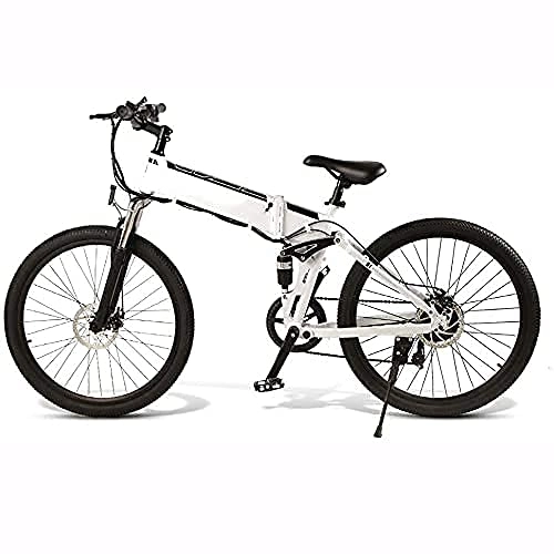 Bici elettriches : QTQZ - Bicicletta elettrica multiuso per mountain bike elettrica, portatile, pieghevole, da 350 W, in alluminio, rimovibile, 48 V, 10 Ah, agli ioni di litio a 21 velocità, colore: Bianco