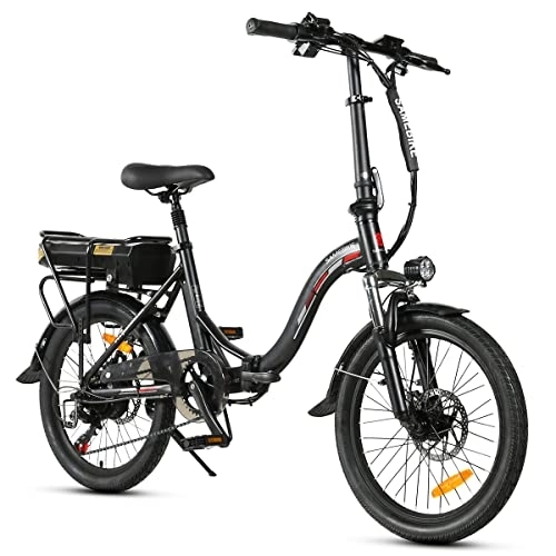 Bici elettriches : SAIWOO Bicicletta elettrica pieghevole da 20 pollici, dotata di Shimano 7 velocità, faro anteriore a LED, fanale posteriore del freno posteriore, supporto di ricarica per telefono USB, unisex