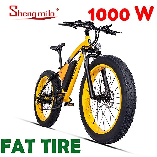 Bici elettriches : Shengmilo 1000W Motor Bici elettriche, E-Bike da 26 Pollici Mountain, Bicicletta Pieghevole Elettrica, Pneumatici Grassi da 4 Pollici(Giallo)