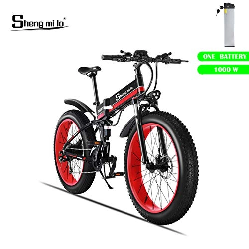 Bici elettriches : Shengmilo Bici Pieghevole elettrica, 26 Pollici Mountain Snow E-Bike, Shimano 21 velocità, Freno XOD, 1 pz Batteria al Litio 48V / 13Ah Inclusa (MX01) (Rosso)