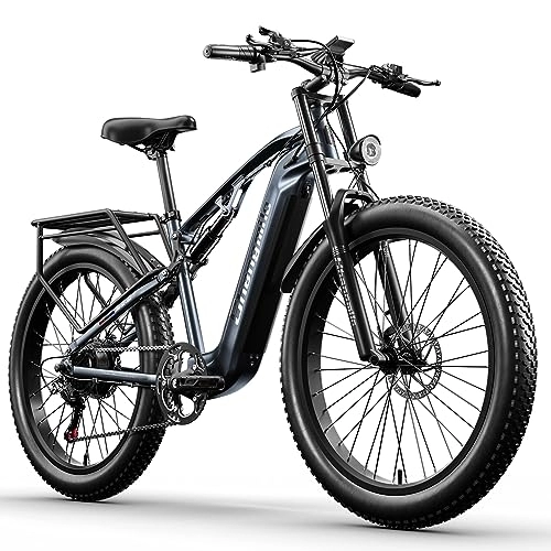 Bici elettriches : Shengmilo Bicicletta elettrica Bike, mountain bike a piena sospensione da 26 pollici, E-Bike, batteria 48V 17.5Ah, cambio a 7 velocità, pneumatico a zolla, freno a disco meccanico