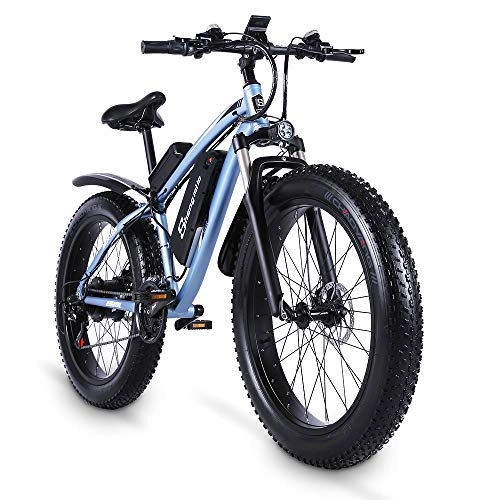 Bici elettriches : Shengmilo Bicicletta elettrica Power-Assisted, per adulti, bicicletta elettrica da 26 pollici, Fat Tire Mountain Bike, forcella ammortizzata con serratura MX02S e Bike (blu)