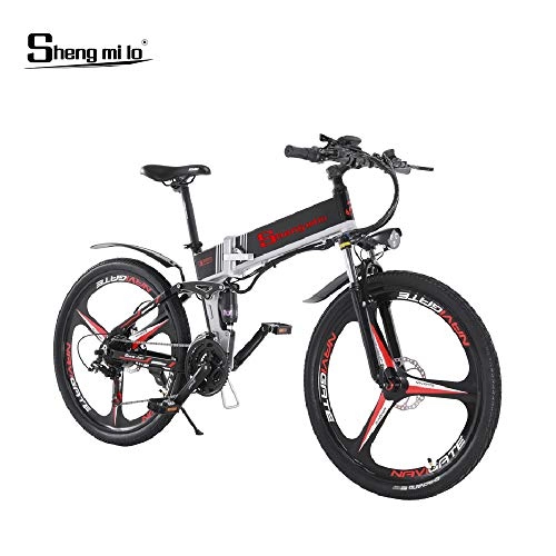 Bici elettriches : Shengmilo-M80 Mountain Bike elettrica 350w, E-Bike Pieghevole da 26 Pollici, Sospensione Completa 48V 13Ah e velocità Shimano 21 …