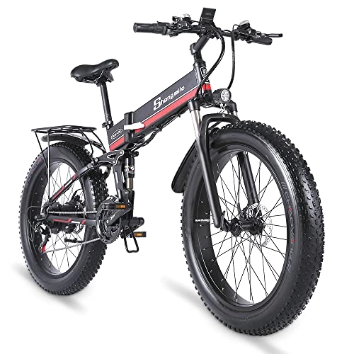 Bici elettriches : Shengmilo-MX01 Bici elettriche pieghevoli da 26 pollici con pneumatici spessi Bici elettrica 48V Batteria al litio da neve elettrica Mountain bike con Shimano 21 velocità (Rosso)