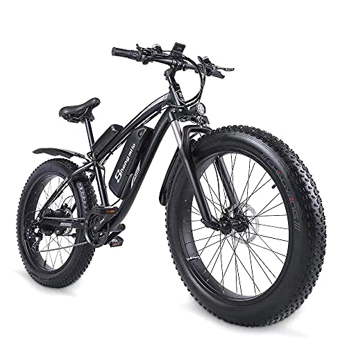 Bici elettriches : Shengmilo-MX02S Bici elettrica con pneumatici spessi da 26 pollici, bici elettrica da montagna da neve con trasmissione Shimano a 21 velocità, pedalata assistita, freno a disco idraulico