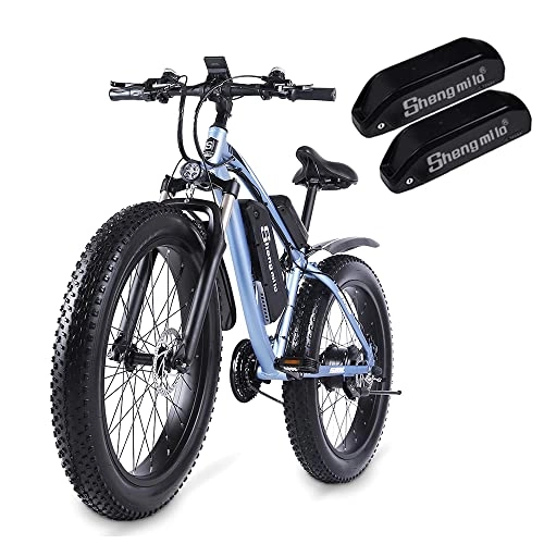 Bici elettriches : Shengmilo-MX02S Bici elettriche con pneumatici spessi da 26 pollici, Mountain bike, Shimano 7 velocità, pedalata assistita, freno a disco idraulico (Blu-Due batterie)