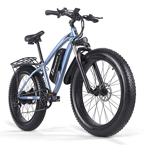 Bici elettriches : Shengmilo MX02S-Bicicletta elettrica da 26x4", mountain bike a 7 velocità, pedali assistenti, batteria al litio rimovibile da 48V / 17ah, doppio freno a disco idraulico, display LCD intelligente (blu)