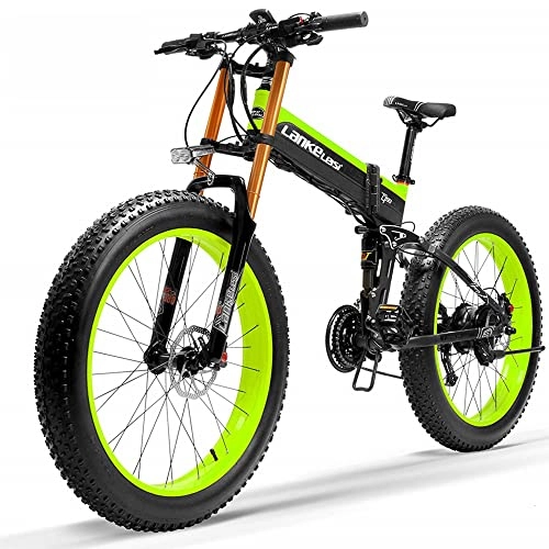 Bici elettriches : T750plus Bicicletta elettrica da neve pieghevole da 26 pollici per mountain bike per adulti, bici elettrica a 27 velocità con batteria rimovibile (Green, 14.5Ah)
