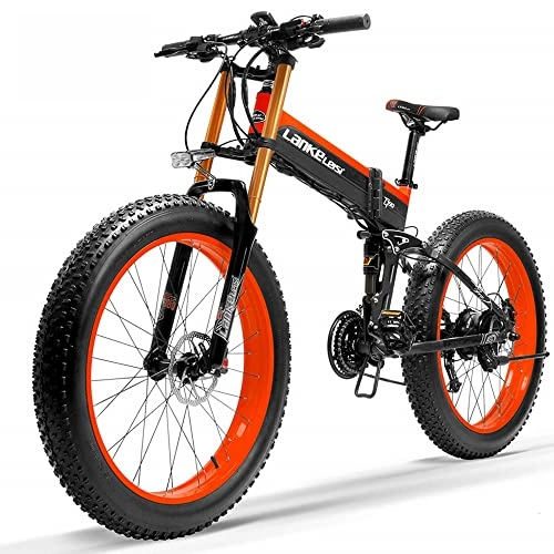 Bici elettriches : T750plus Bicicletta elettrica da neve pieghevole da 26 pollici per mountain bike per adulti, bici elettrica a 27 velocità con batteria rimovibile (Red, 14.5Ah)