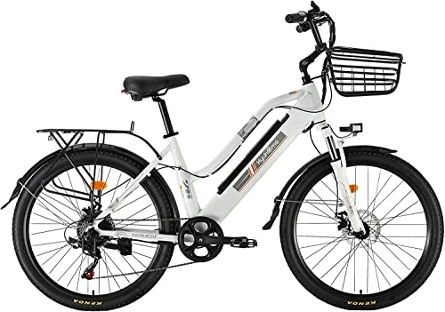 Bici elettriches : TAOCI Bicicletta elettrica, mountain bike elettrica da 26"36 V da donna, batteria agli ioni di litio rimovibile cambio Shimano a 7 velocità, per ciclismo all'aperto (bianco)
