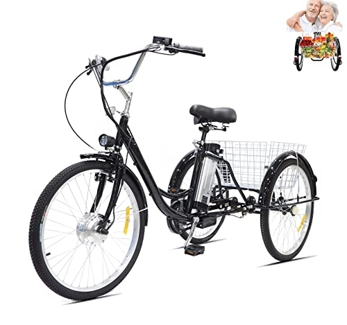 Bici elettriches : Tricicli elettrici per adulti a 3 ruote bici elettrica con ruota da 24 pollici per donna Low Step-Through Cruise Trike con batteria al litio rimovibile da 36 V 12 AH, cesto di carico (24 '', nero)
