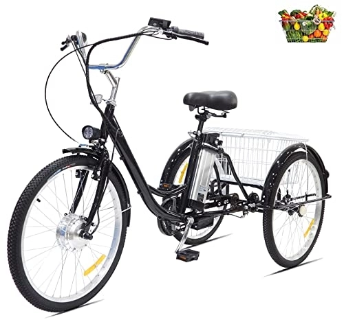 Bici elettriches : Triciclo elettrico per adulti 24 pollici bicicletta a 3 ruote da donna ingrandita il carrello per gite della spesa 36 V12 AH batteria al litio 350 W motore senza spazzole (36 V12 ah-black)